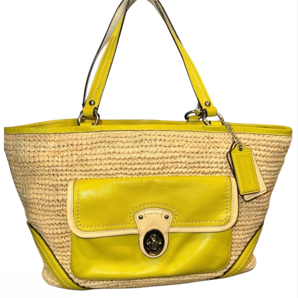 COACH Raffia Pocket Tote •2012 #22904 Woven Raffia w/lime green leather